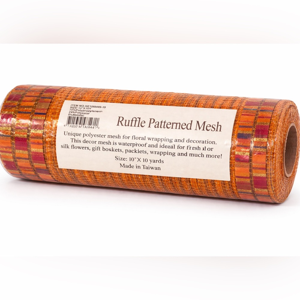 NWT Ruffle Patterned Mesh 10” x 10 Yard Orange Metallic Fall Wreath Craft Supply